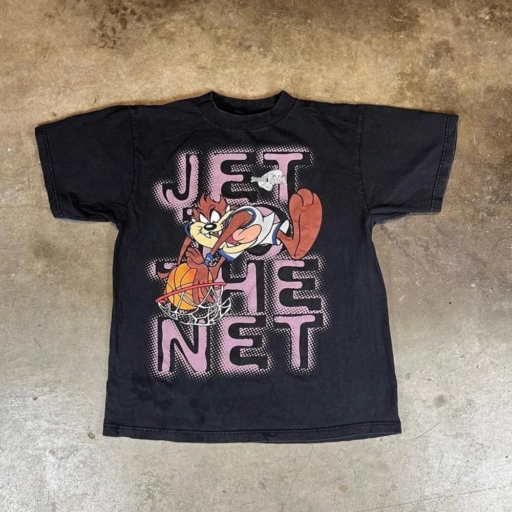 Vintage 1996 Space Jam Taz Jet the Net T-Shirt Black Warner Bros Mens S